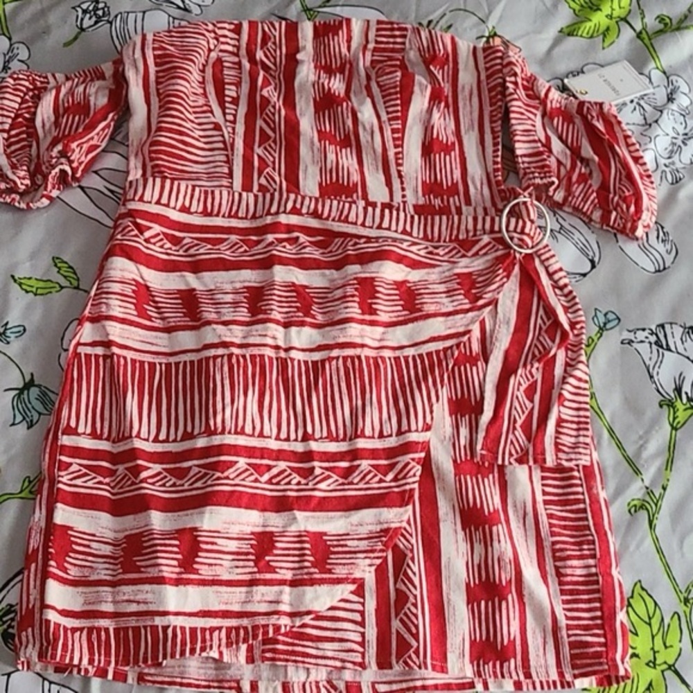 Red and White Patterned Dress with Puff Sleeves